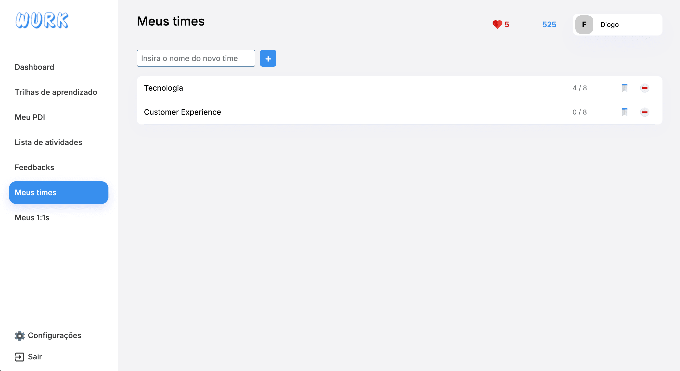 Tela na página de criar time no dashboard da WURK