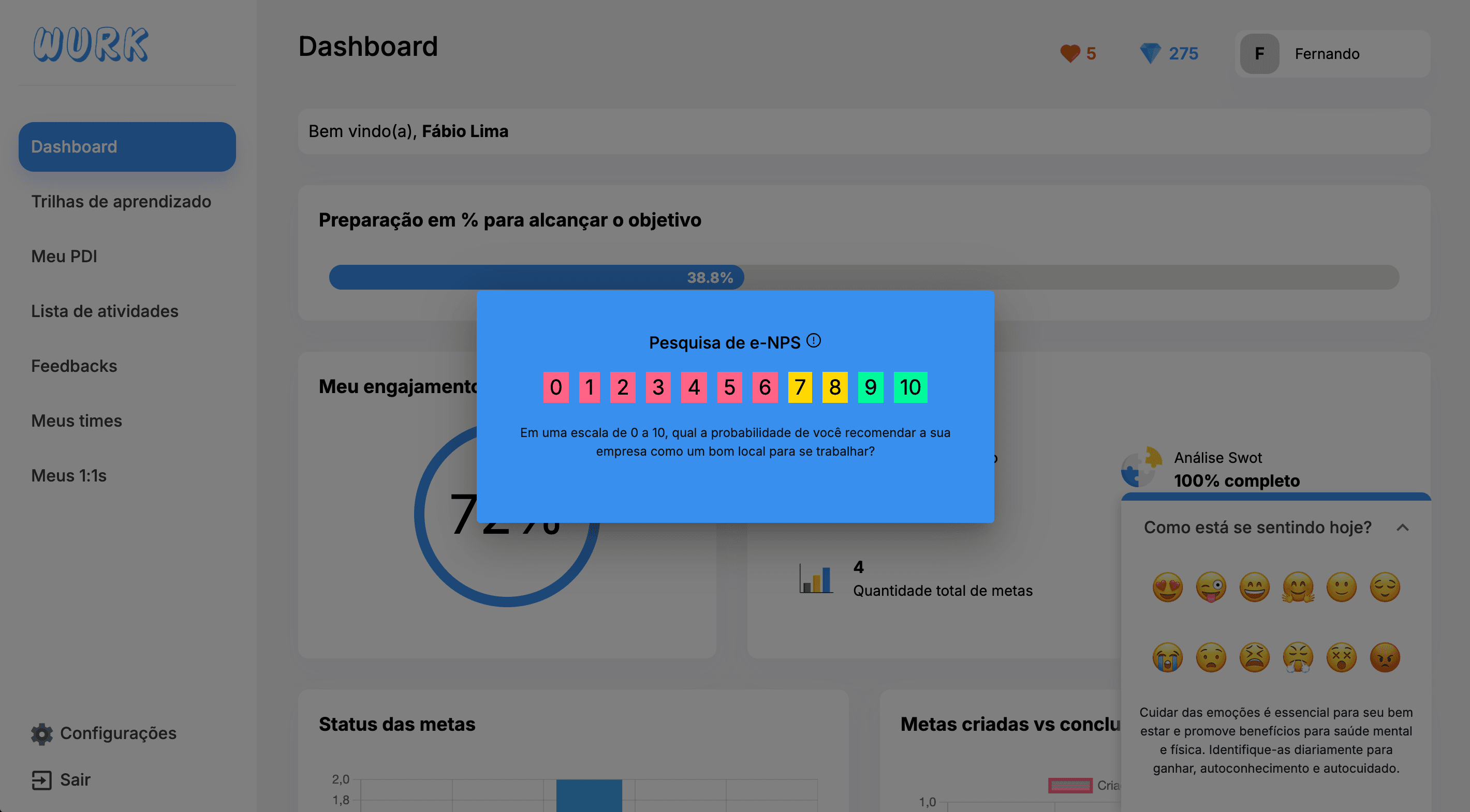 Tela na página de E-NPS no dashboard da WURK
