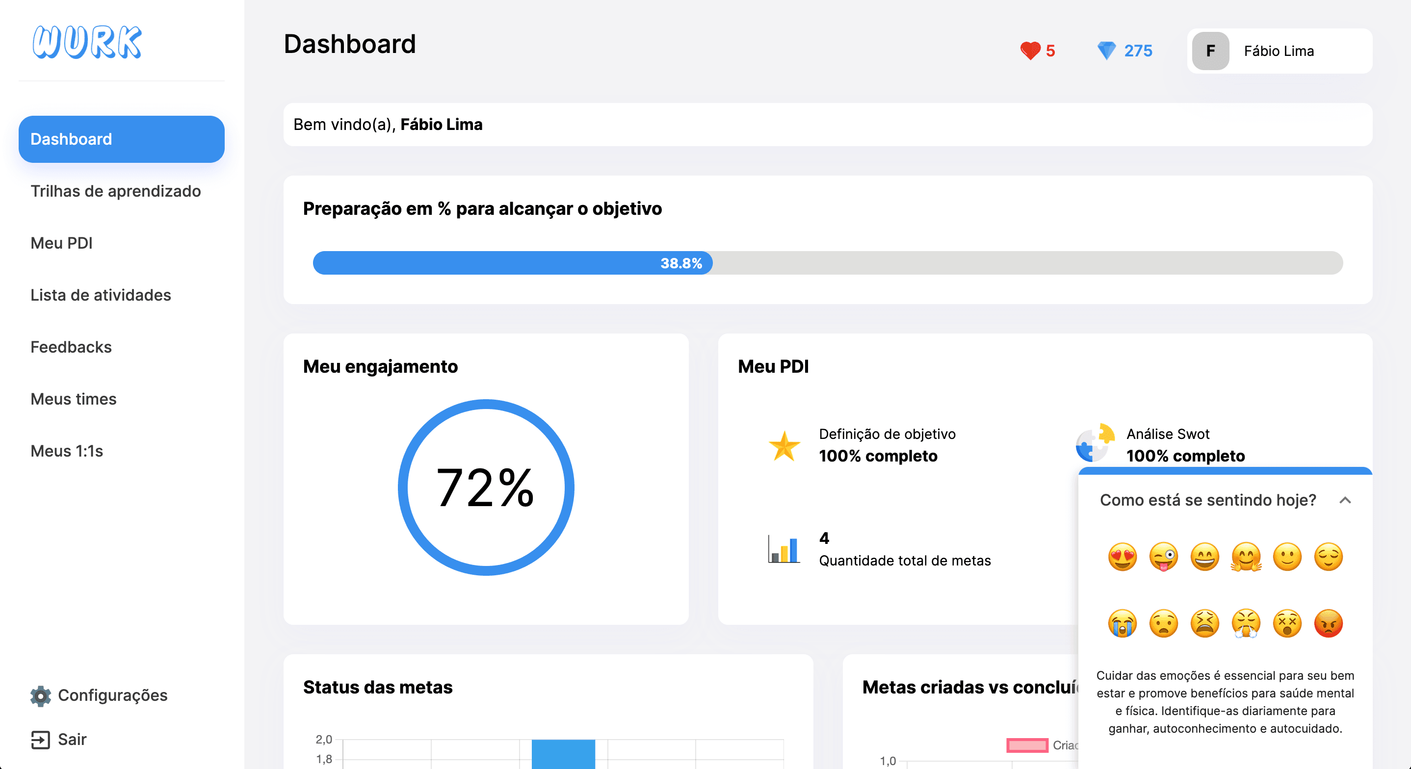 Tela na página do dashboard da WURK