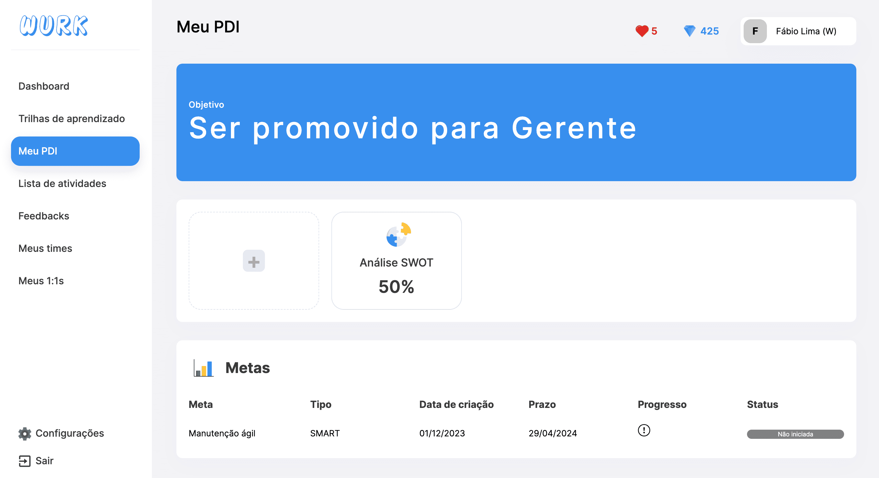 Tela na página de plano de desenvolvimento individual no dashboard da WURK