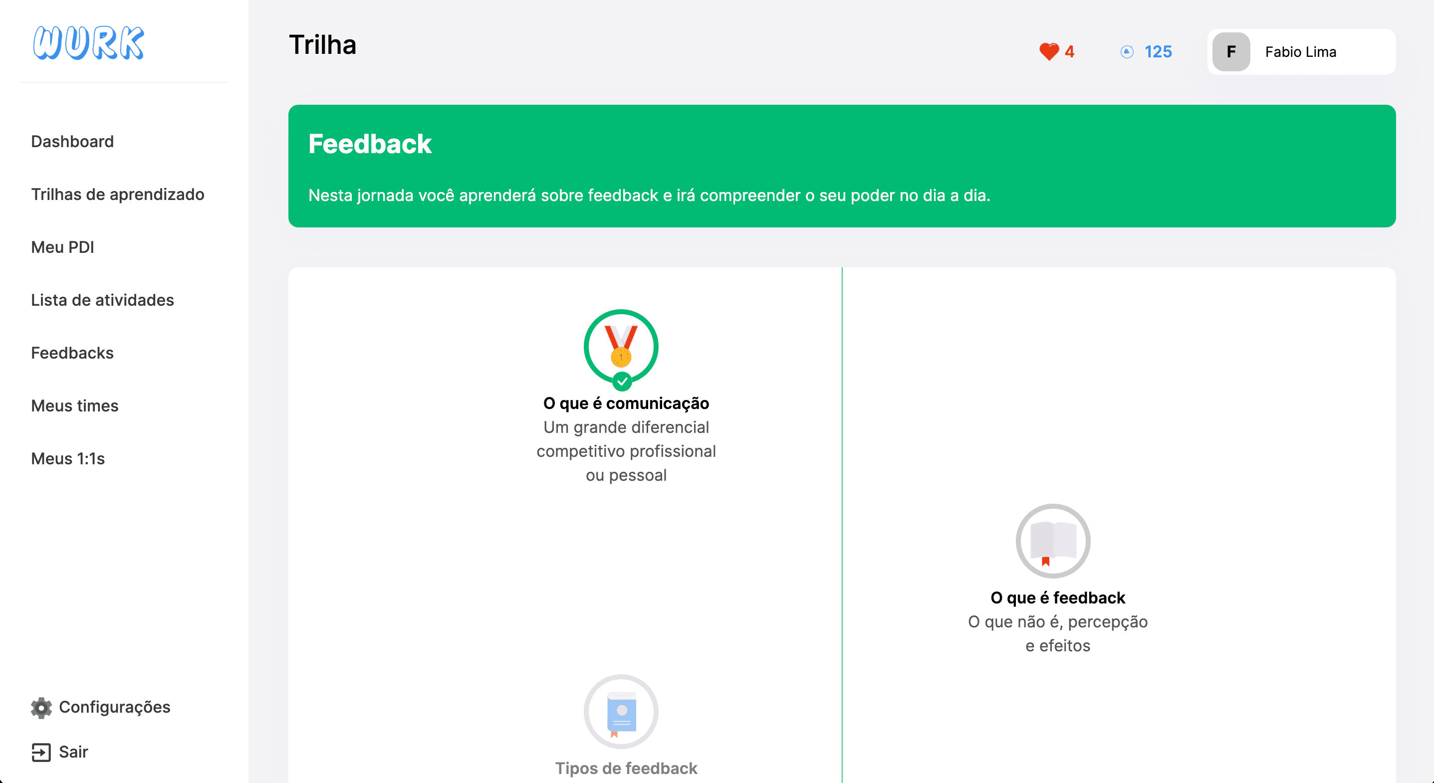 Tela na página da trilha de aprendizado sobre PDI no dashboard da WURK